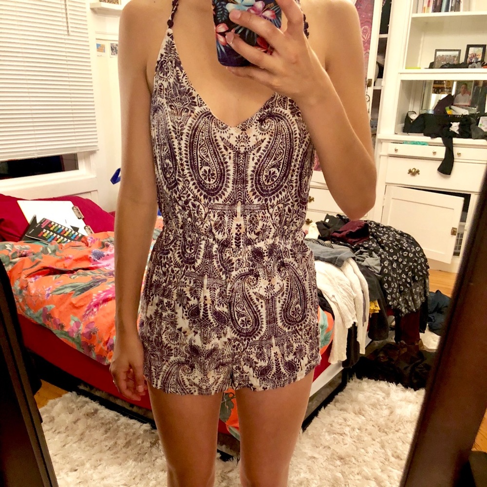 UO Ecote Romper - Purple & White Paisley